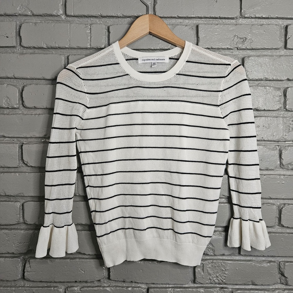 Cupcakes Cashmere Womens Sweater XS Striped White Black Mesh Ruffle